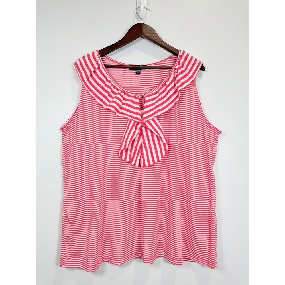 Zena Woman Pink White Striped Ruffle Neck Sleeveless Top Plus Size 22/24